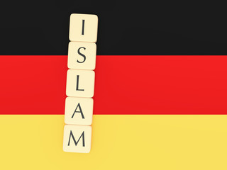 Fototapeta premium Religion In Germany Concept: Letter Tiles Creating Word Islam, with German flag, 3d illustration