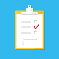checklist survey, questionnaire icon isolated on blue. Clipboard button, tablet, paper, tick. Flat vector design for web site, mobile app