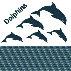 silhouette dolphin on the white background wave one fin