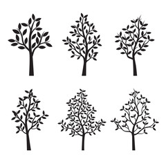 Set black Trees and Leafs. Vector Illustration.