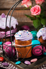 Delicious homemade holiday Easter cakes and colored eggs
