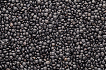 Food and cookery background of healthy dried  black lentils.