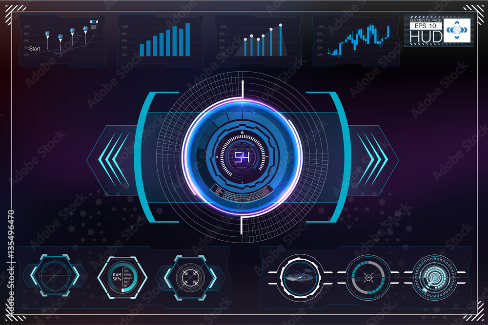 Poster set of futuristic blue infographics as head-up display. display navigation elements for the web and 