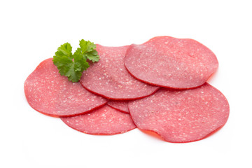 Salami smoked sausage one slice isolated on white background cut