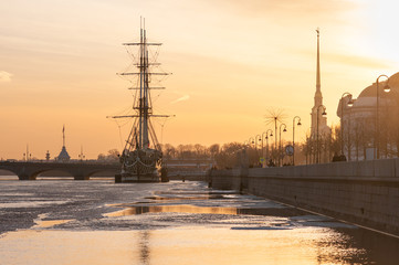 View of the frigate at sunset, Saint Petersburg. Russia © olgavisavi