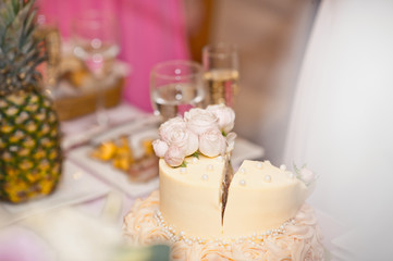 Division of the cake into several pieces for guests 7409.