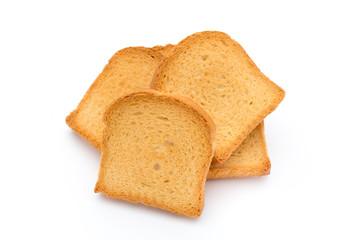 Slices of toast bread on wooden table, top view.
