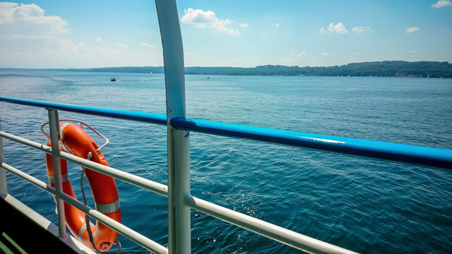 Lifebuoy on board ship at blue sky