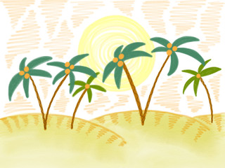 Hand drawn colorful set of palms on the pink sunny beach, illustration painted by pencil and acrylic paint