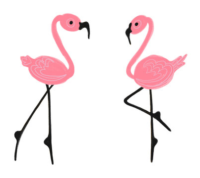 Colorful hand drawn pink flamingos, illustration painted by pencil