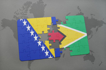 puzzle with the national flag of bosnia and herzegovina and guyana on a world map