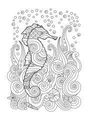 Hand drawn sketch of seahorse under the sea in zentangle inspired style.