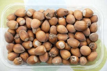 Plastic Container full of Hazelnuts