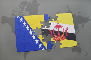 puzzle with the national flag of bosnia and herzegovina and brunei on a world map