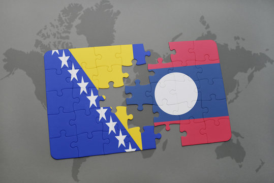 puzzle with the national flag of bosnia and herzegovina and laos on a world map
