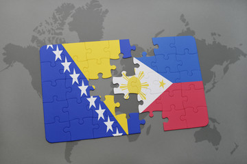 puzzle with the national flag of bosnia and herzegovina and philippines on a world map