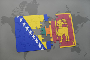 puzzle with the national flag of bosnia and herzegovina and sri lanka on a world map
