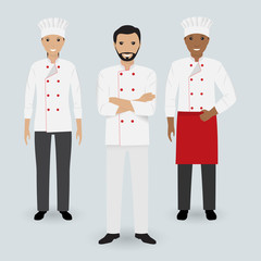 Chef and two cook in uniform standing together in three different poses. Cooking people characters.