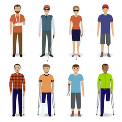 Group of eight different kind disability people. Invalid people concept.