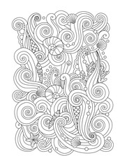 Coloring page with abstract sea background waves, shells, corals. Vertical composition.  book for adult and older children. Editable vector illustration. - 135503465