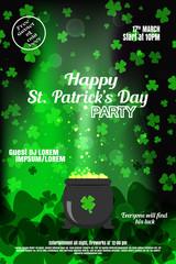 Fototapeta na wymiar Vector Happy St. Patrick's Day night party poster on the gradient dark green background with leaves of clover and cauldron.