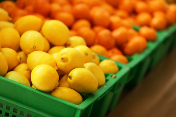 Baskets with fruits in market