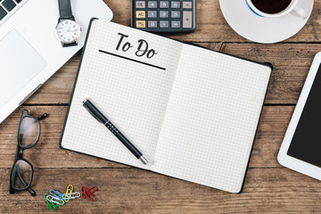 To Do text on note pad, Office desk with computer technology, hi