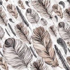 seamless pattern of feathers, hand-painted watercolor. Grey and