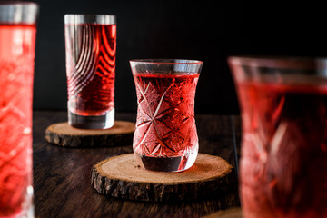 Turkish Ottoman Drink Rose sherbet or Cranberry Serbet in crystal glass