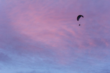 A para sailer flies under a colorful sunset in the east bay area looking towards San Francisco