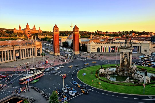 Aerial view over Placa d'Espanya towards the National Art Museum at sunset, Barcelona, Spain