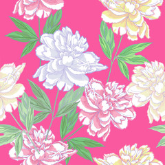 Green Seamless pattern  with peonies . Spring 