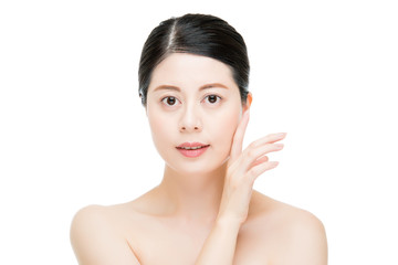 Obraz na płótnie Canvas happy asian woman model hand touch perfect skin face