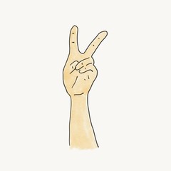 hand draw hand show victory sign with two finger isolated on white background, illustration, pastel watercolor style