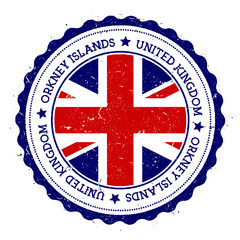 Orkney Islands flag badge. Vintage travel stamp with circular text, stars and island flag inside it. Vector illustration.