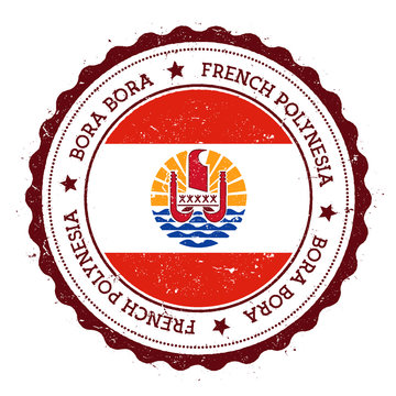 Bora Bora flag badge. Vintage travel stamp with circular text, stars and island flag inside it. Vector illustration.