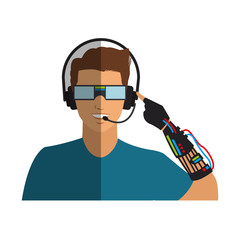 man cartoon using headphones and glasses over white background. colorful design. vector illustration