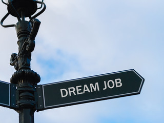 DREAM JOB directional sign on guidepost