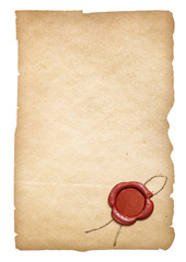 Old parchment letter or paper with wax seal. Clipping path is included.
