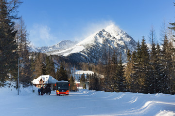 View of the Predne Solisko Mountain from ski resort Strbske Pleso. The Predne Solisko (2093 m) is the last peak of the Solisko comb (High Tatra Mountain). - obrazy, fototapety, plakaty