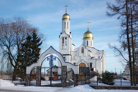 Orthodox brick church of St. Tikhon of Zadonsk in russian style in Polessk (Labiau), Kaliningrad region, Russia.