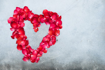 Heart shape of red petals on white background. Valentine's day