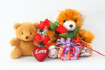 Two brown teddy bear with a red rose and a gift box on a white background.