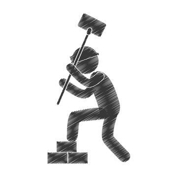 Drawing Man Worker Hammer Brick Stack Figure Pictogram Vector Illustration Eps 10