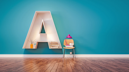 Room for learning The letter A has designed a bookshelf. 3d rend