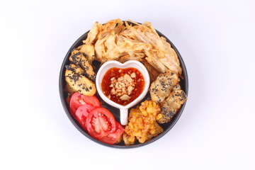 Deep fried dessert of corn ,taro ,nian gao and banana .