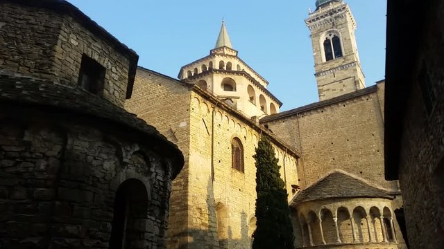 Bergamo - Old city (Citta Alta). One of the beautiful city in Italy. Lombardia. The bell tower and the dome of the Cathedral called Santa Maria Maggiore, north wing