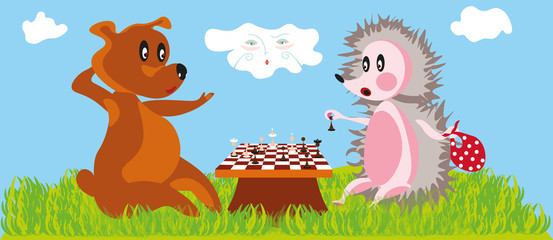 funny cartoon illustration with a bear and little hedgehog playing chess and a cloud in the sky observing the scene