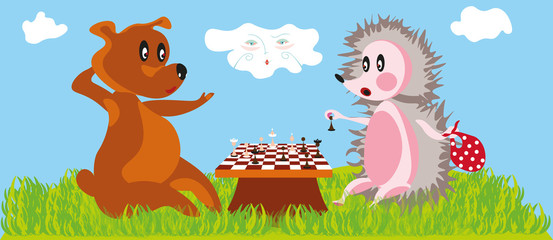 funny cartoon illustration with a bear and little hedgehog playing chess and a cloud in the sky observing the scene © Elena Khomyakova