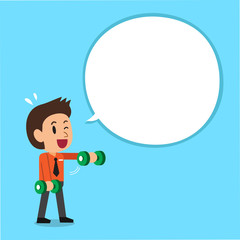 Cartoon businessman doing front dumbbell raise training with white speech bubble
